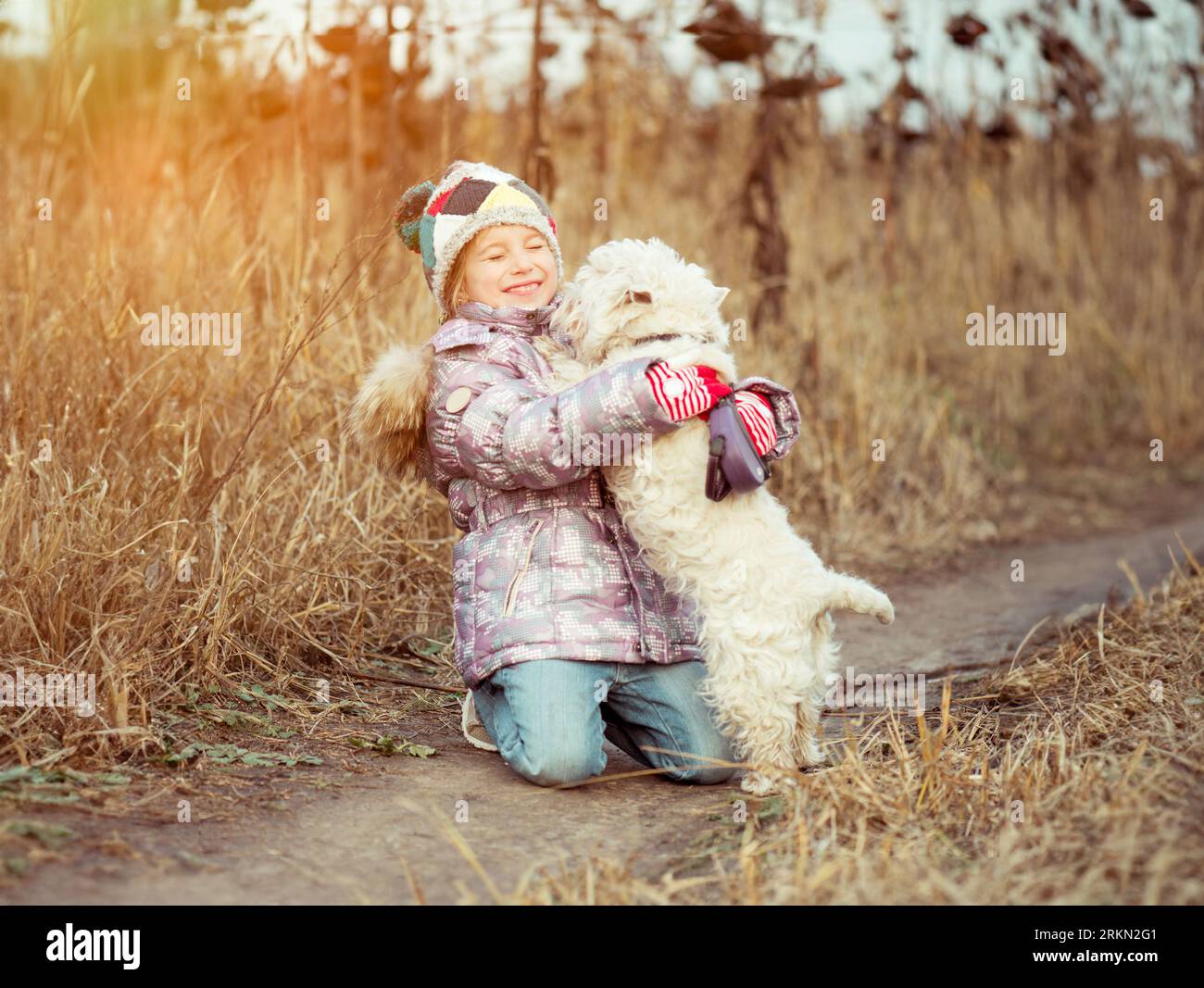 piccola ragazza carina con il suo cane che cammina in un campo in autunno Foto Stock