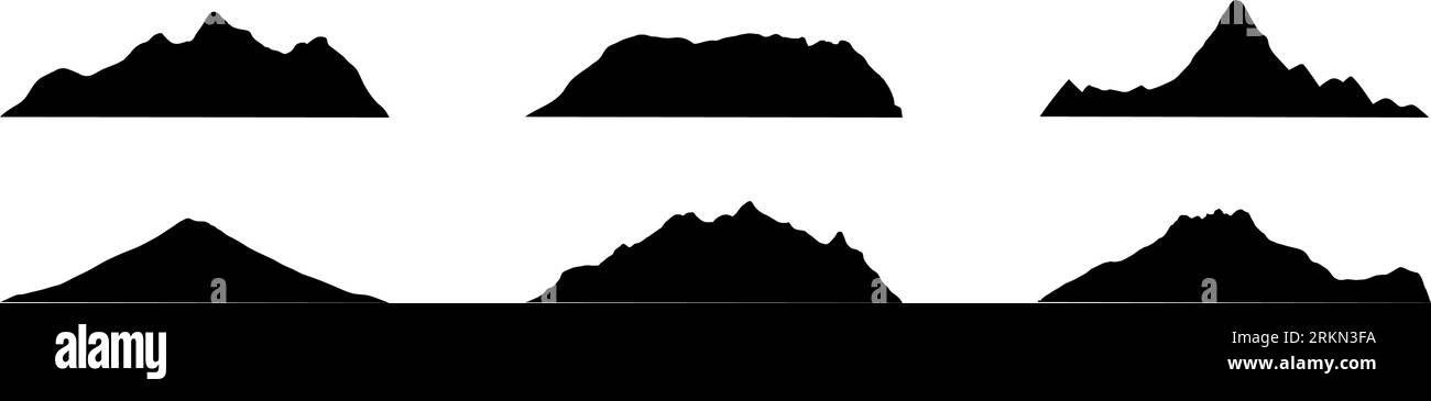 Icona di montagna con linea silhouette. Profilo delle alpi con cime innevate, colline e rocce nere. Illustrazioni vettoriali piatte isolate sullo sfondo. Illustrazione Vettoriale