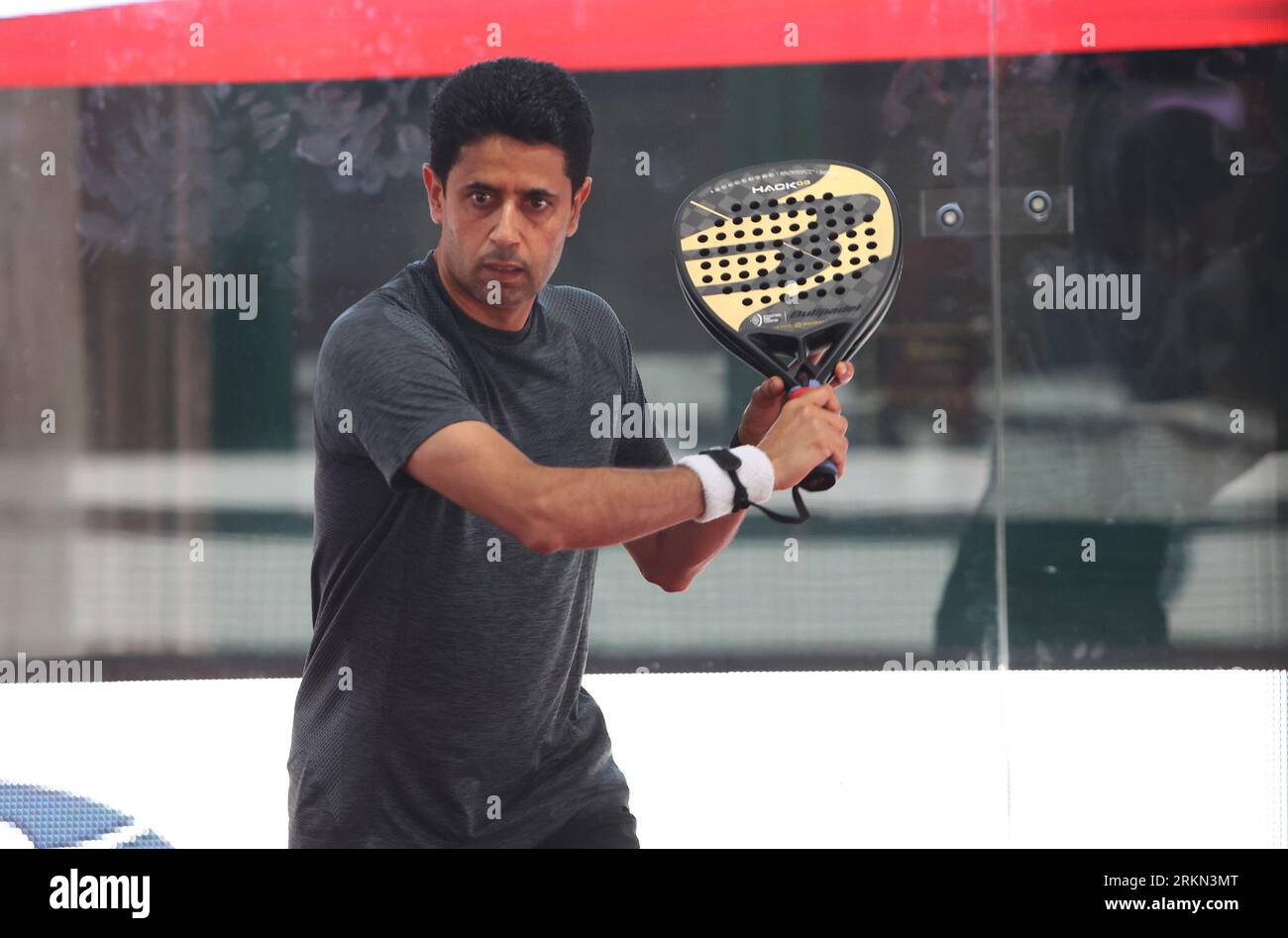 Spalato, Croazia. 25 agosto 2023. Il presidente di Parigi Saint-Nasser al-Khelaifi gioca a Padel contro Zvonimir Boban, Nemanja Vidic, Mehmed Bazdarevic a Spalato, Croazia, il 25 agosto 2023. Foto: Ivana Ivanovic/PIXSELL credito: Pixsell/Alamy Live News Foto Stock