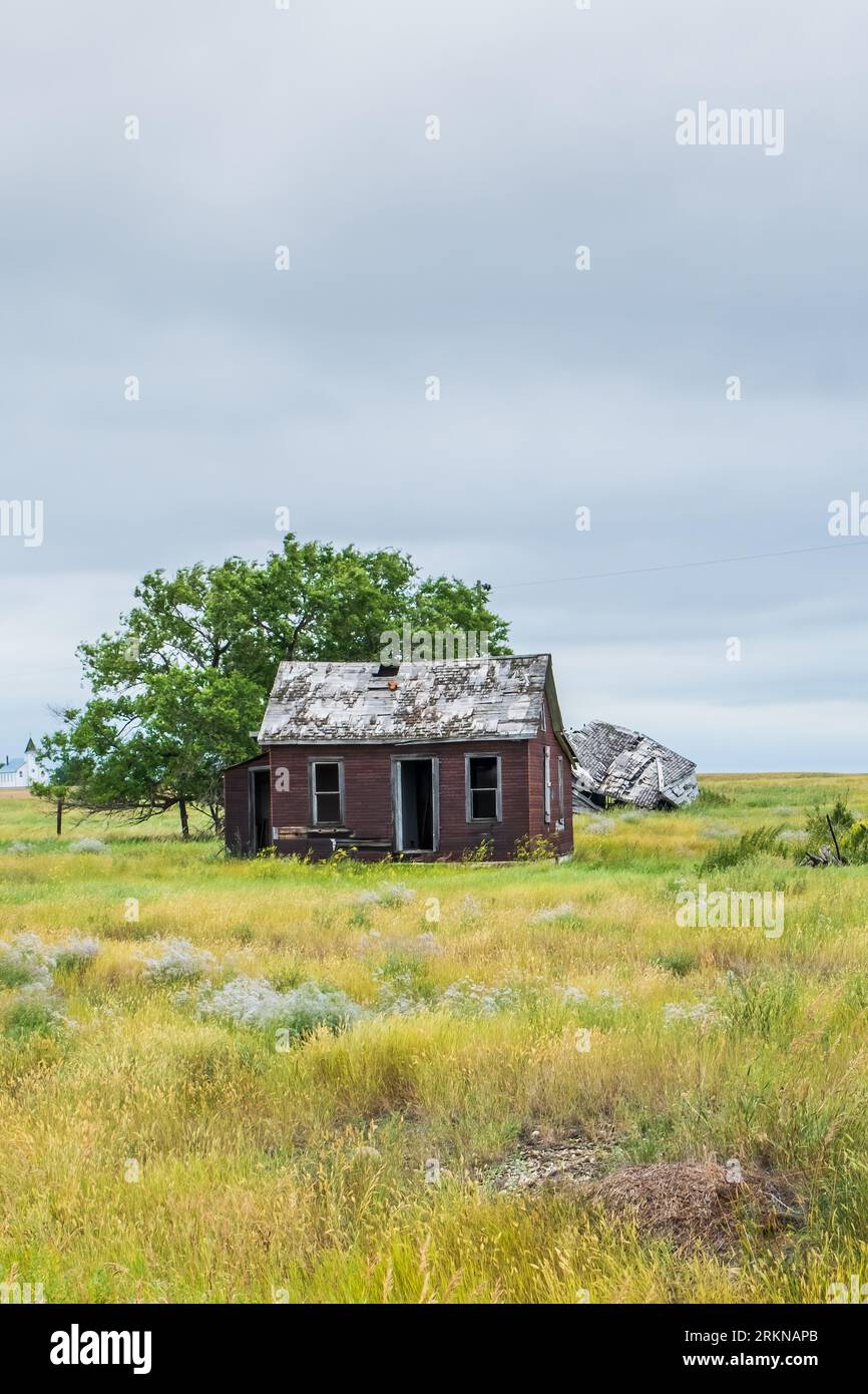 Una casa abbandonata e un edificio annesso collassato nella zona rurale di Horizon nel Saskatchewan. Foto Stock