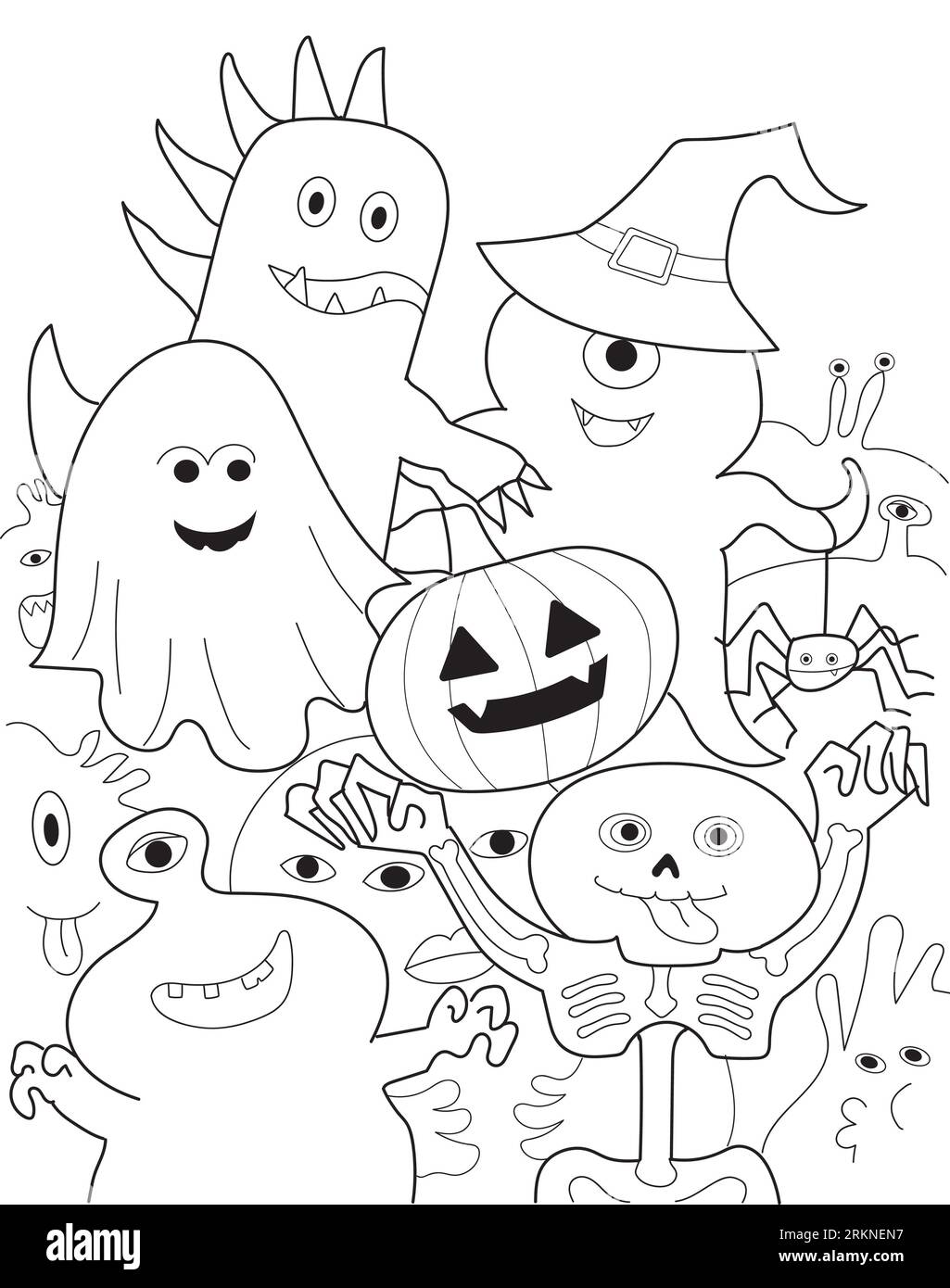 Un gruppo di simpatici e divertenti mostri fantasma e scheletro festeggiano insieme le vacanze di Halloween. Disegni in bianco e nero dei cartoni animati felici. Foto Stock