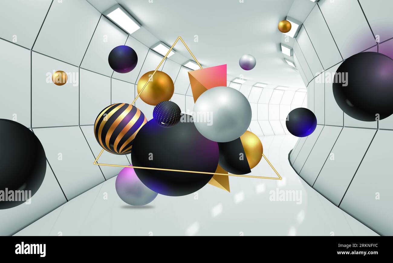 le palle di immagini 3d volano nello sfondo prospettico del tunnel per la stampa digitale di sfondi e di design personalizzato Foto Stock