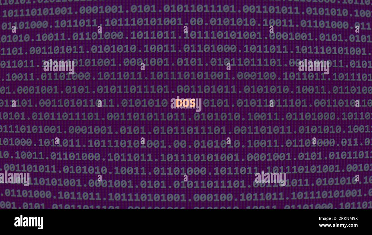 Cyber Attack dos. Testo della vulnerabilità in stile ART ascii del sistema binario, codice nella schermata dell'editor. Testo in inglese, testo in inglese Foto Stock