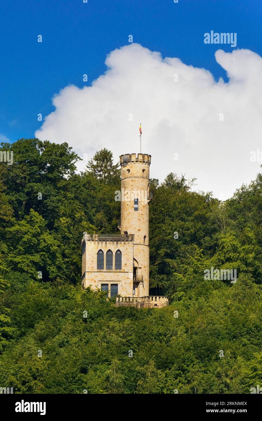Tillyschanze, una torre panoramica rotonda su una collina nel Reinhardswald, Germania, bassa Sassonia, Hannover Muenden Foto Stock
