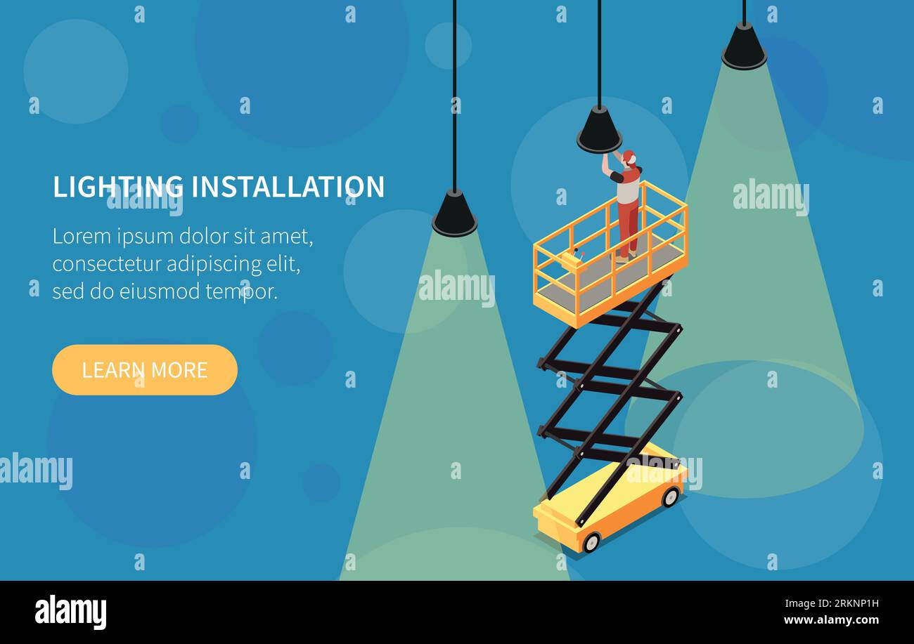 Height work isometric banner with workman performing lighting installation using scissors lift platform vector illustration Illustrazione Vettoriale