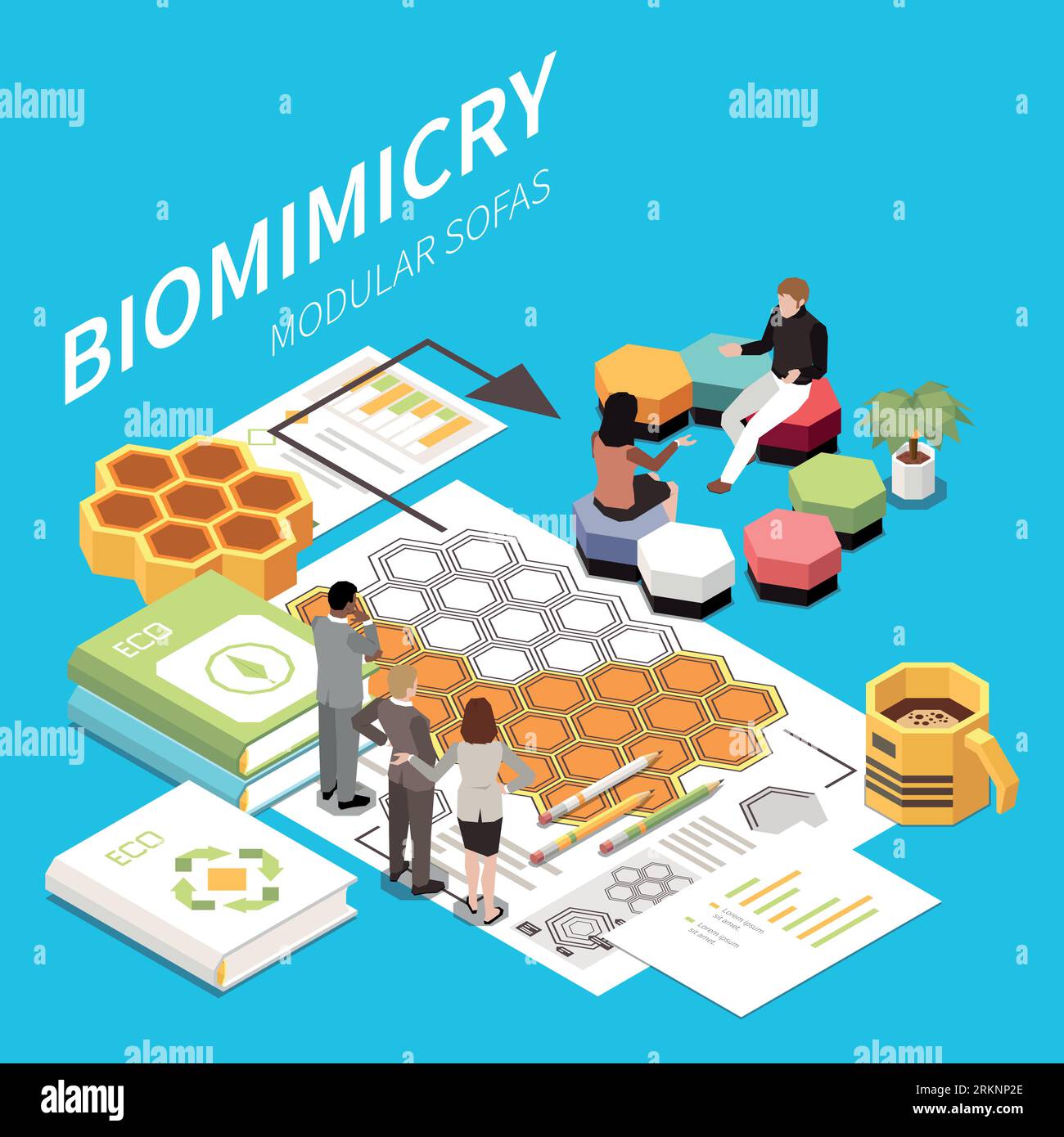 Il background isometrico della biomimetica nel team eco ha dimostrato lo sviluppo umano nella produzione e nella progettazione imitando elementi di grafica vettoriale della fauna selvatica Illustrazione Vettoriale