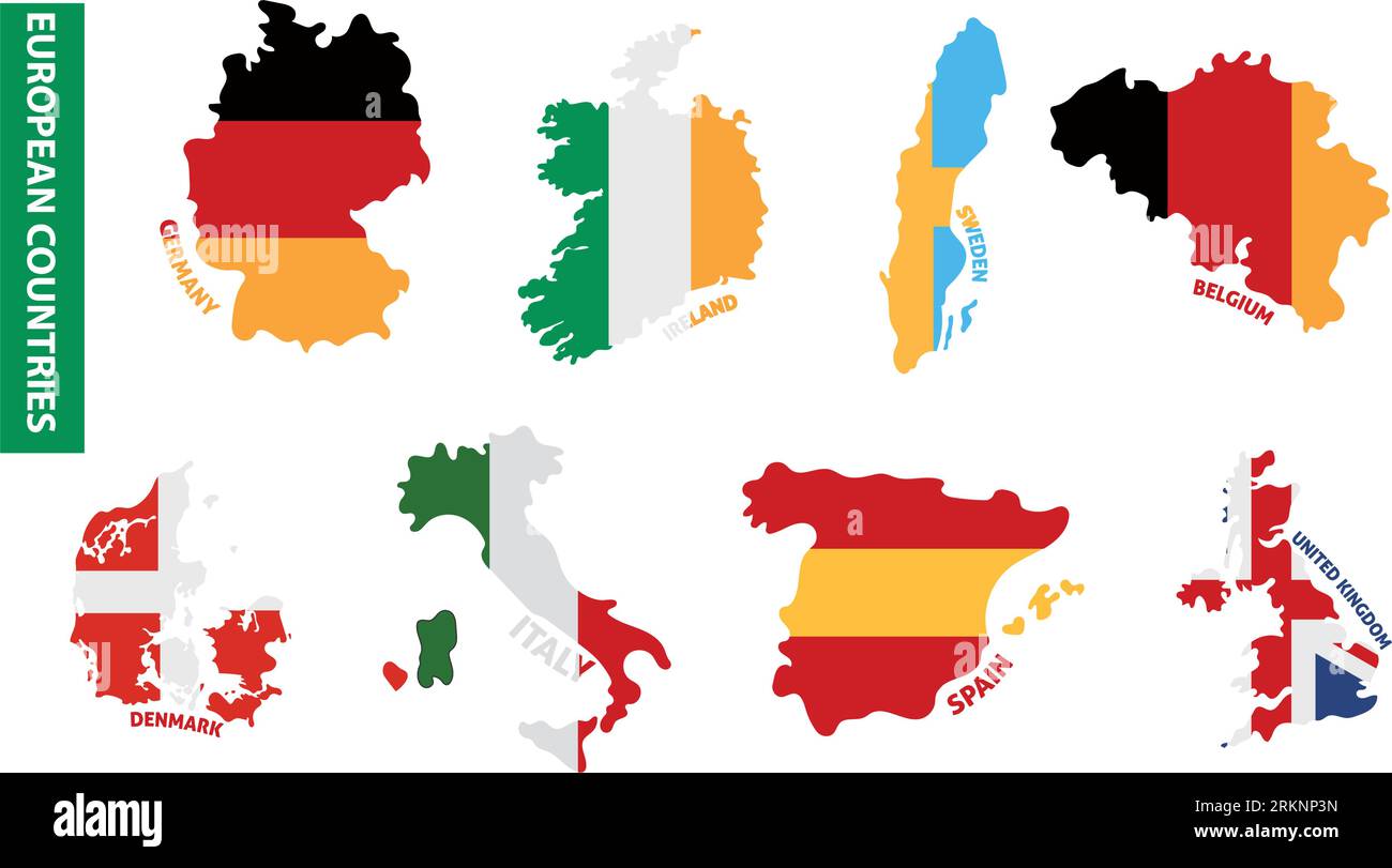 Set di mappe colorate dei paesi europei con bandiere Vector Illustrazione Vettoriale