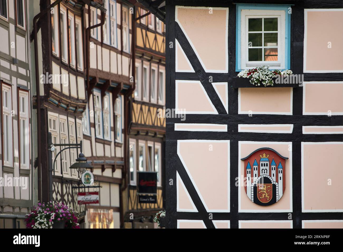 Case a graticcio con le armi della città nel centro storico, German Timber-Frame Road, Germania, bassa Sassonia, Hannover Muenden Foto Stock