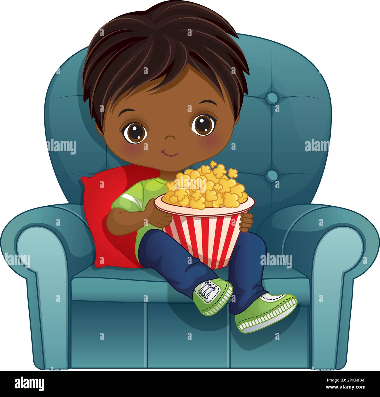 Vector cute Little African American Boy che guarda un film Illustrazione Vettoriale