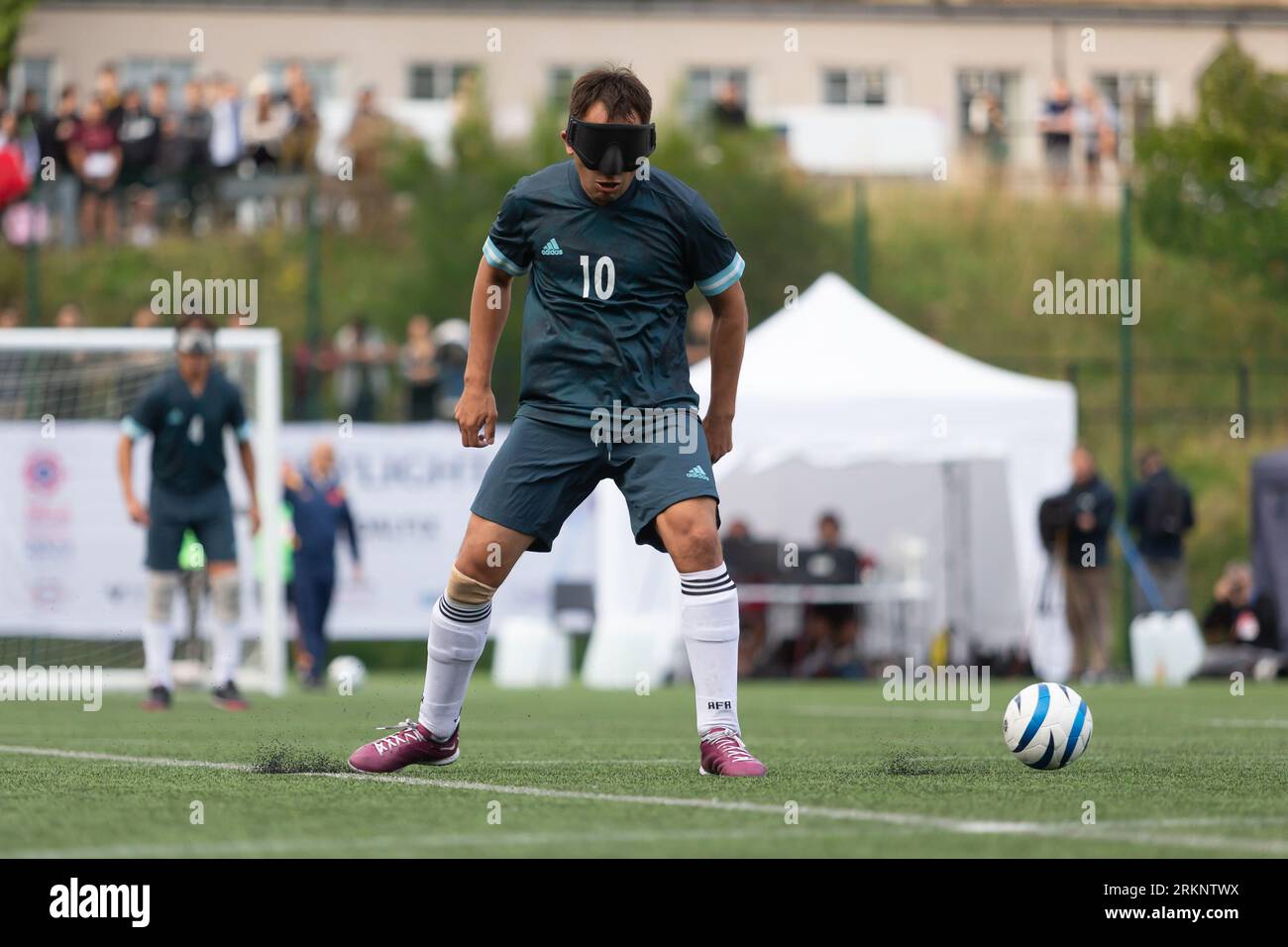 Birmingham, Regno Unito. 25 agosto 2023. L'Argentina vince la finale della Coppa del mondo di calcio cieco IBSA per 2-0 ai rigori contro la Cina all'Università di Birmingham, il 25 agosto 2023. Pereyra Braian, Argentina. Crediti: Peter Lopeman/Alamy Live News Foto Stock