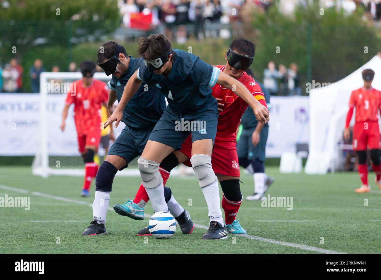 Birmingham, Regno Unito. 25 agosto 2023. L'Argentina vince la finale della Coppa del mondo di calcio cieco IBSA per 2-1 ai rigori contro la Cina all'Università di Birmingham, il 25 agosto 2023. Crediti: Peter Lopeman/Alamy Live News Foto Stock