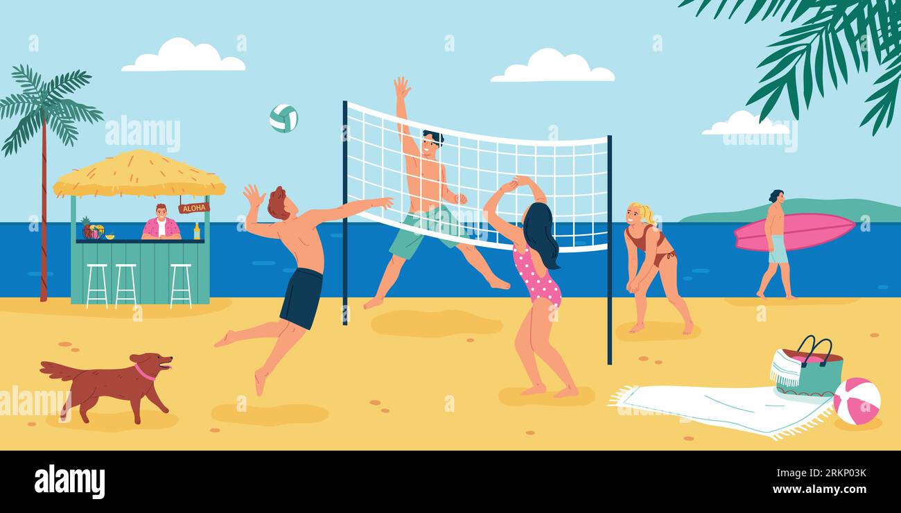 Persone che trascorrono le vacanze sulla spiaggia sabbiosa giocando a pallavolo e facendo surf con l'illustrazione vettoriale piatta Illustrazione Vettoriale