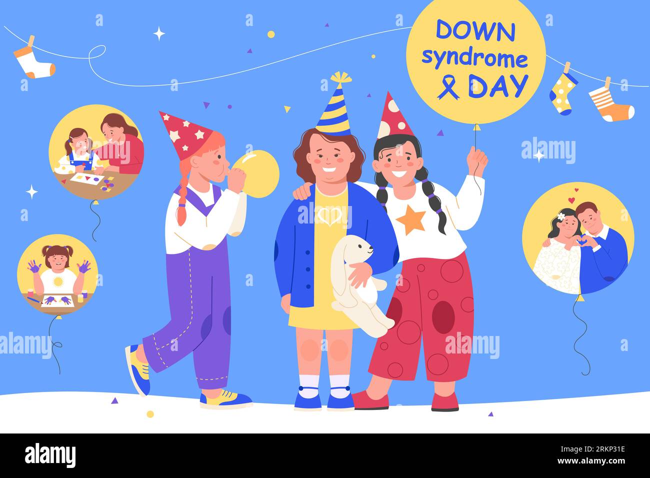 Sindrome di Downs i bambini di concetto di colore piatto festeggiano la giornata con palloncini e illustrazione vettoriale dei coriandoli Illustrazione Vettoriale