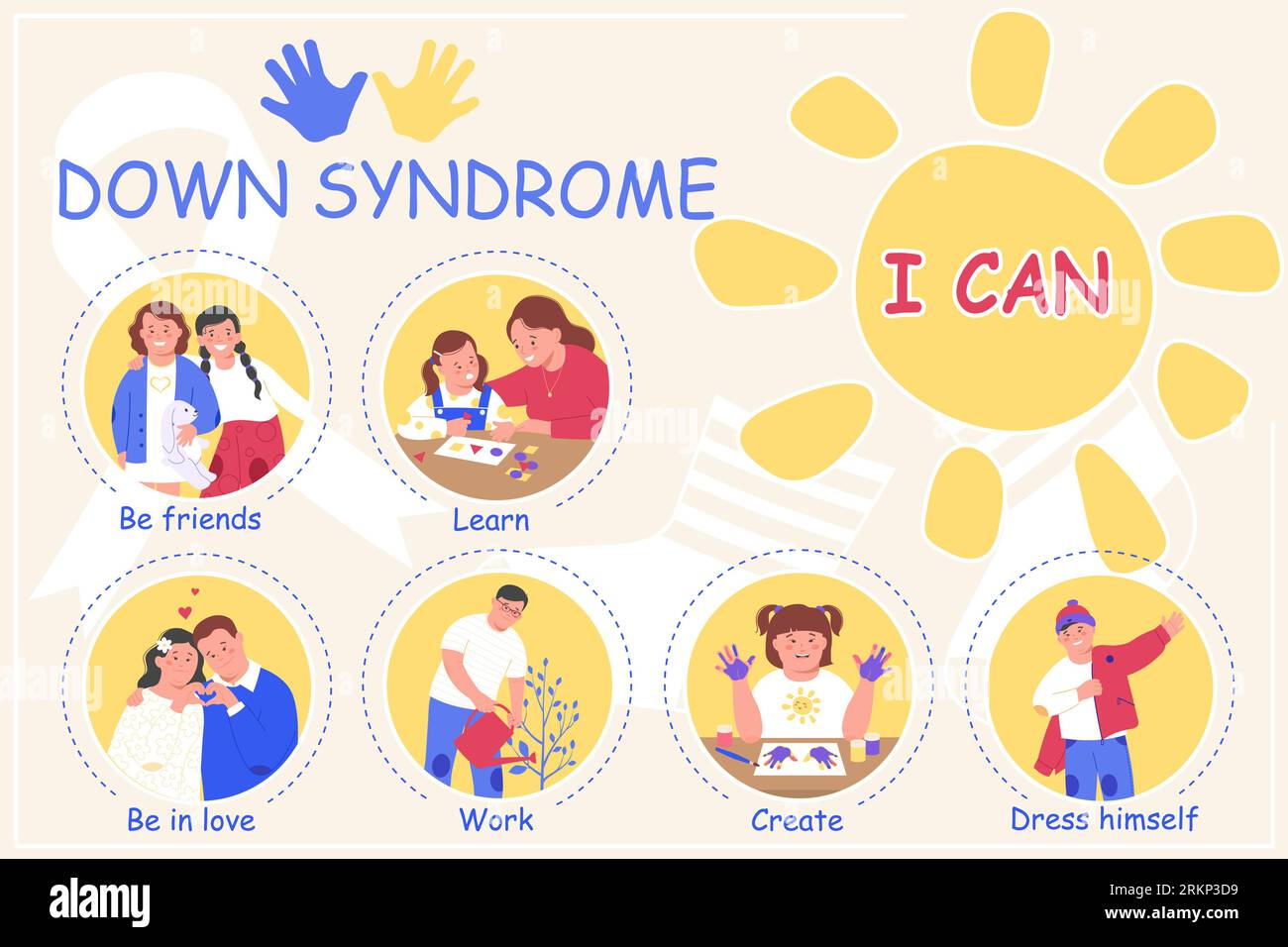 Infografica piatta sulla sindrome di Downs con Be Friends imparare essere innamorati lavorare creare da sé descrizioni di abiti illustrazione vettoriale Illustrazione Vettoriale