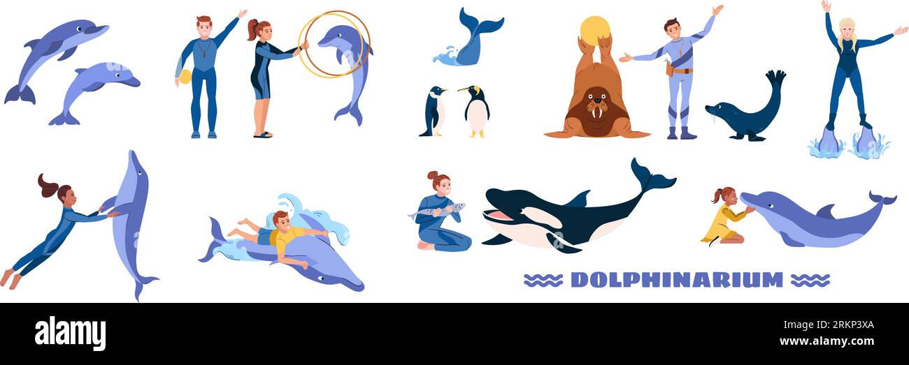 Dolphinarium Set piatto di gestori e animali durante le prestazioni isolato su sfondo bianco illustrazione vettoriale Illustrazione Vettoriale