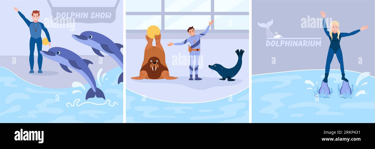 Il Dolphinarium mostra un set piatto con addestratori di sesso femminile e maschile e mostra gli animali marini illustrati in modo vettoriale isolati Illustrazione Vettoriale Il Dolphinarium mostra un set piatto con addestratori di sesso femminile e maschile e mostra gli animali marini illustrati in modo vettoriale isolati Illustrazione Vettoriale