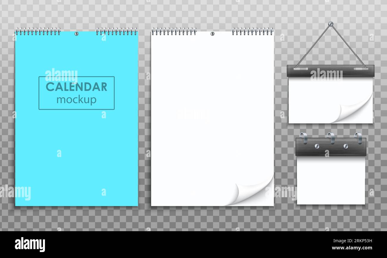 Blank hanging wall spiral calendar mockup with blue and white pages realistic set isolated on transparent background vector illustration Illustrazione Vettoriale