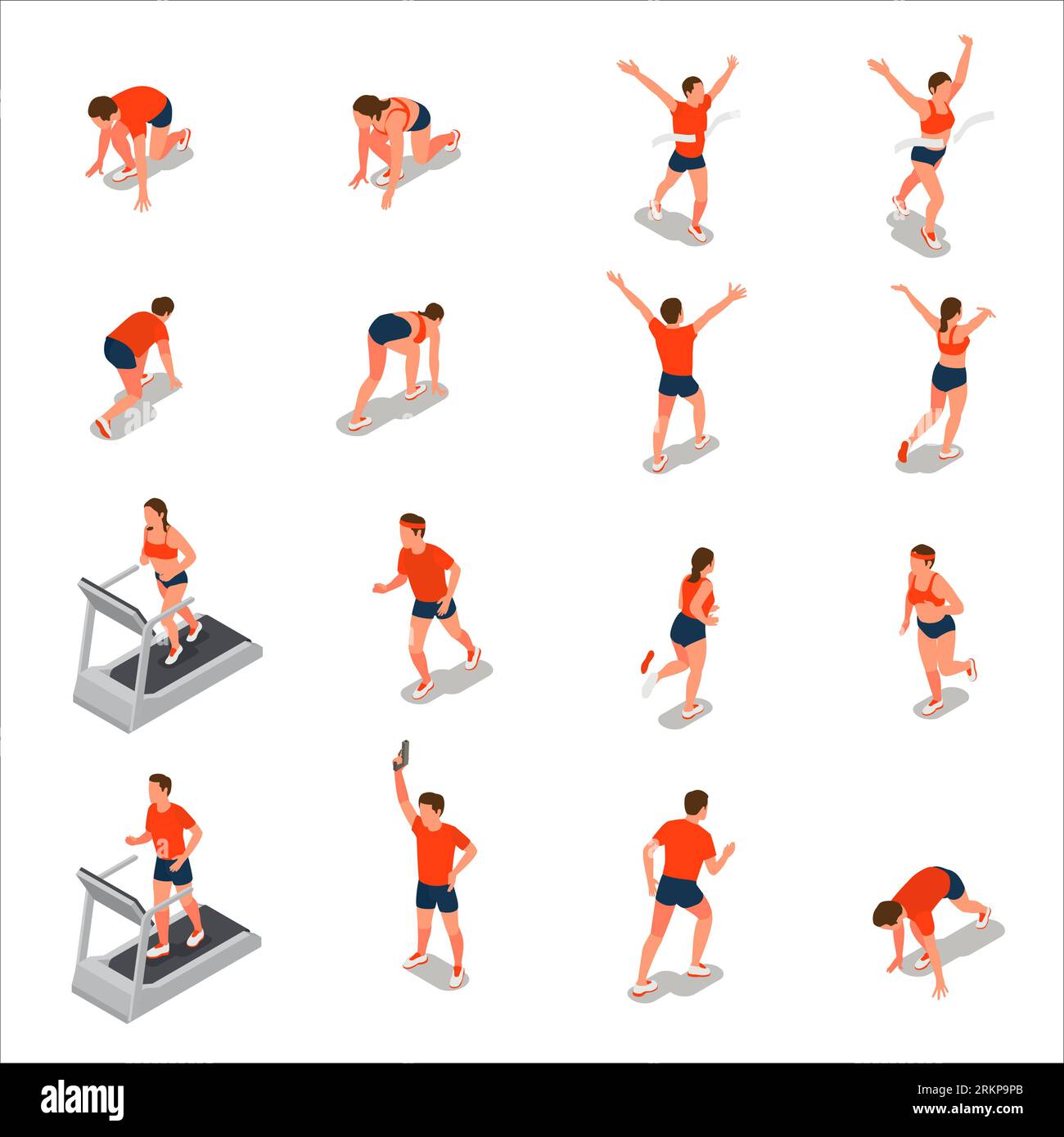 Set isometrico di persone che corrono sul tapis roulant e partecipano alla maratona con illustrazione vettoriale isolata Illustrazione Vettoriale