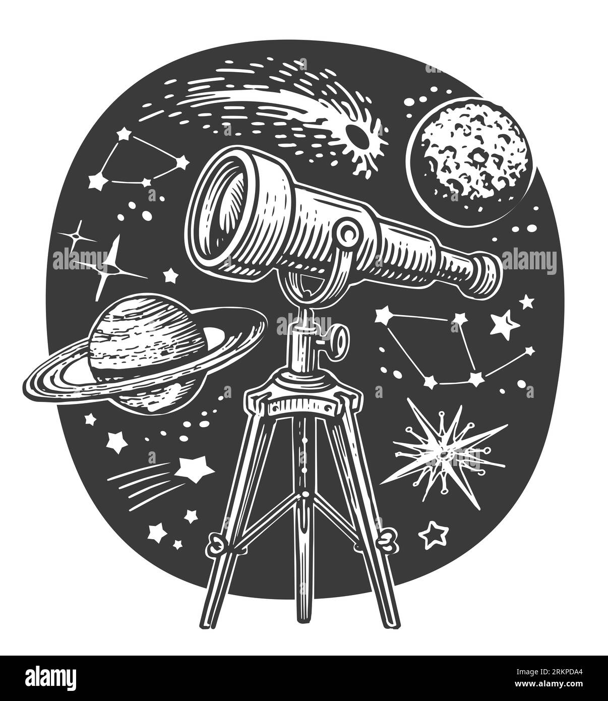Telescopio, stelle e pianeti. Concetto di astronomia. Illustrazione esplorazione spaziale Foto Stock