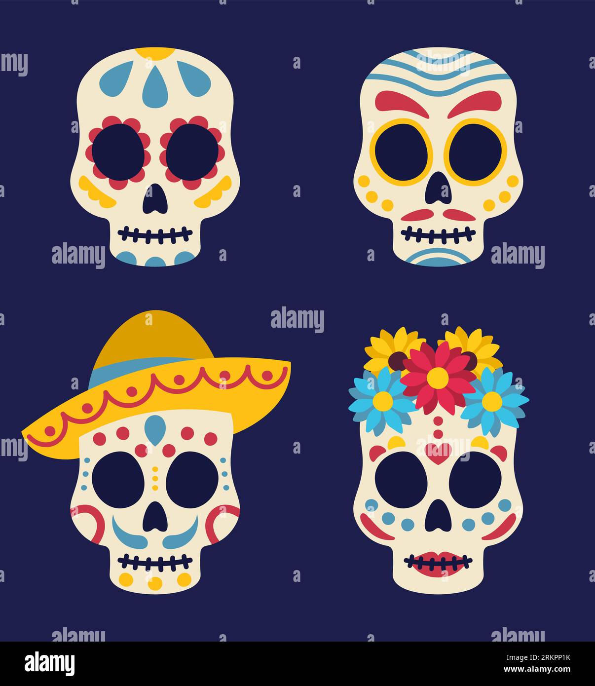 Day Of The Dead Decoration. Set Of Mexican Skulls. Vector Flat Illustration Illustrazione Vettoriale