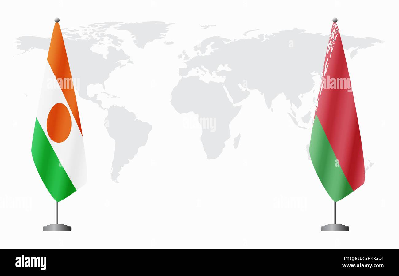 Bandiere nigeriane e bielorusse per incontri ufficiali sullo sfondo della mappa mondiale. Illustrazione Vettoriale