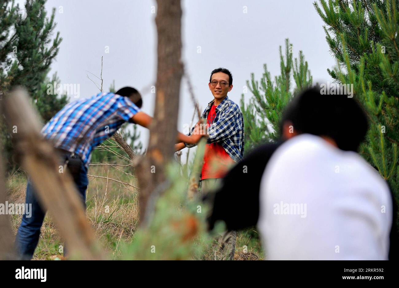 Bildnummer: 58122694 Datum: 20.06.2012 Copyright: imago/Xinhua (120620) -- TONGLIAO, 20 giugno 2012 (Xinhua) -- Otaki Takashi (C) lavora con i membri della rete Verde a Kulun Banner della città di Tongliao, regione autonoma della Mongolia interna della Cina settentrionale, 11 giugno 2012. Green Network è una ONG con sede in Giappone dedicata all'imboschimento, che ha avviato il progetto verde a Horqin nel 2000. Otaki Takashi, uno dei fondatori della Green Network, ha fondato la filiale della Green Network a Horqin, ala sinistra, bandiera posteriore della regione autonoma della Mongolia interna della Cina settentrionale 12 anni fa e non se n'è mai andato. Nel 1997, Otaki Takashi Foto Stock