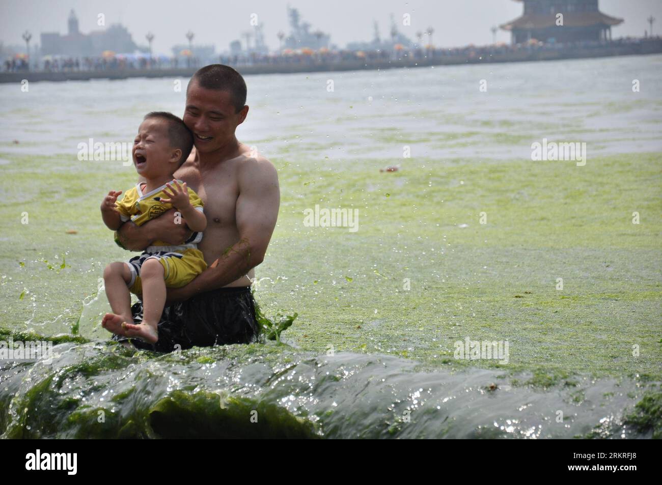 Bildnummer: 58238383 Datum: 12.07.2012 Copyright: imago/Xinhua (120713) -- QINGDAO, 13 luglio 2012 (Xinhua) -- Un uomo tiene un ragazzo in acqua marina piena di alghe verdi nella sesta spiaggia balneare pubblica di Qingdao, nella provincia dello Shandong della Cina orientale, 12 luglio 2012. Le alghe verdi, o enteromorpha prolifera, hanno colpito le spiagge balneari pubbliche di Qingdao da mercoledì. (Xinhua/Huang Jiexian) (lfj) CHINA-SHANDONG-QINGDAO-GREEN ALGAE (CN) PUBLICATIONxNOTxINxCHN Gesellschaft Küste Meer Algen Algenpest Wasser China Plage Algenplage xdp x0x 2012 quer 58238383 Data 12 07 2012 Copyright Imago XINHUA Foto Stock