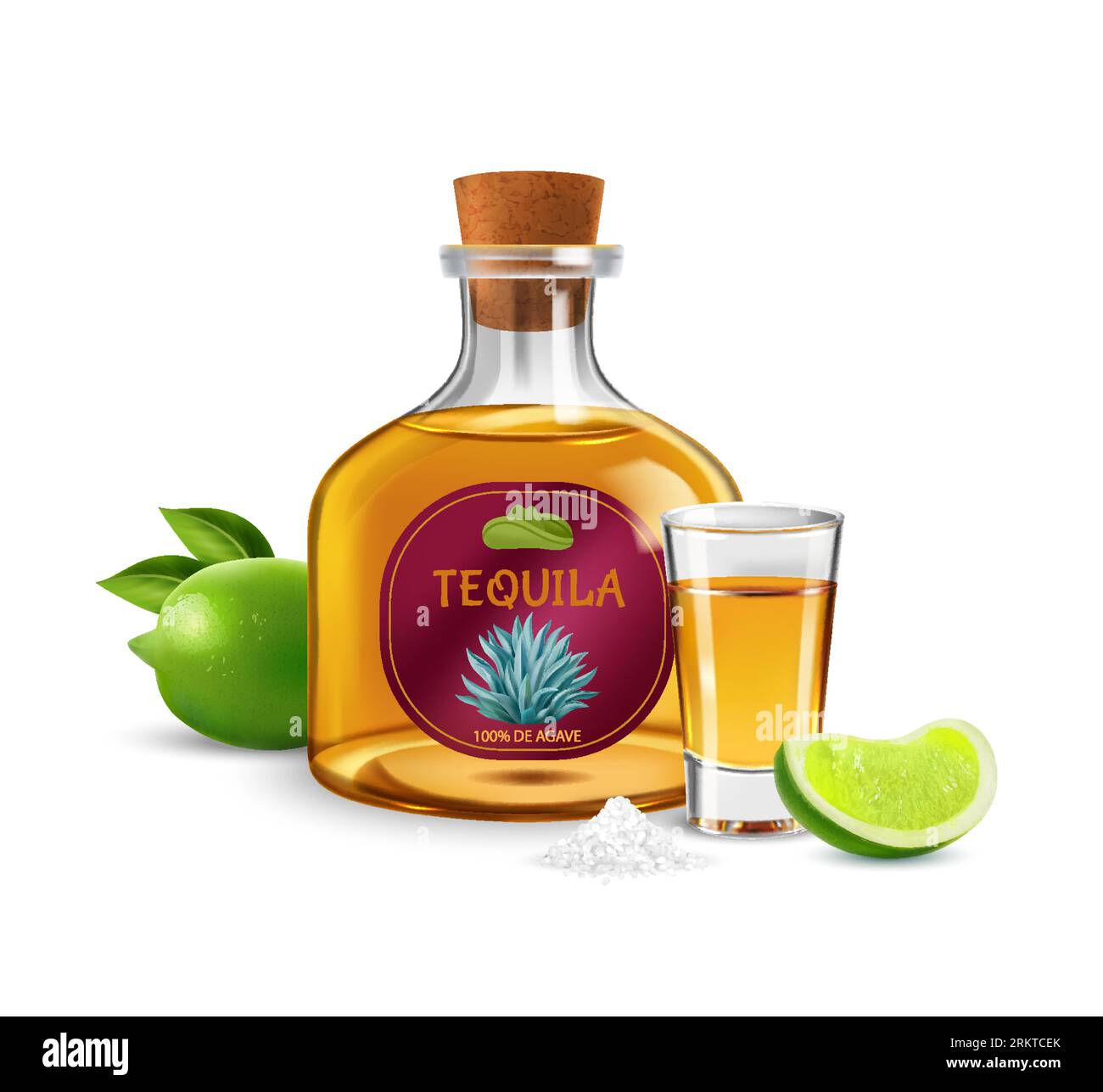 Bottiglia di tequila messicana con vetro decorato con una composizione di colori realistici con sfondo bianco illustrazione vettoriale Illustrazione Vettoriale