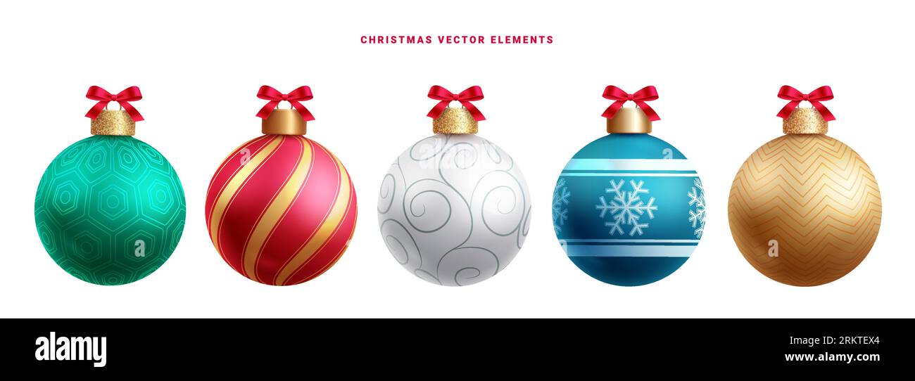 Christmas balls vector set design. Christmas balls with pattern, bauble sphere, round shape objects isolated in white background. Vector illustration Illustrazione Vettoriale