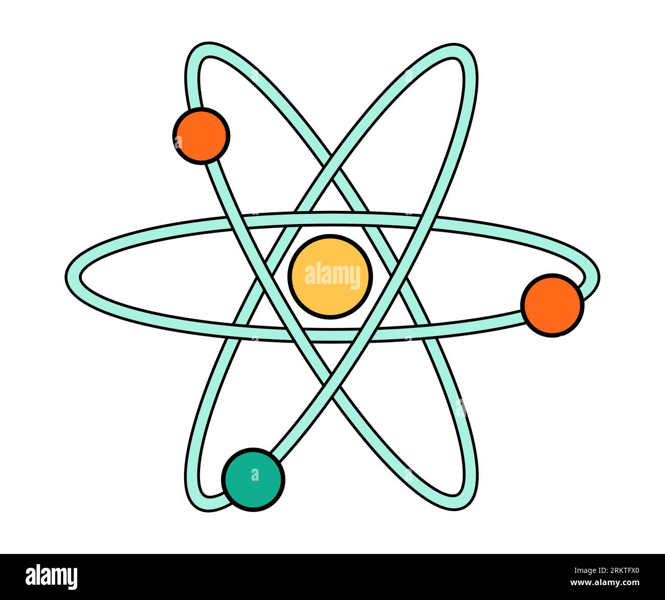 Icona dell'educazione atomica della scuola di scienze. Cartoon di laboratorio di chimica e fisica simbolo dell'energia nucleare. Audace struttura atomica luminosa - nucleo, orbitale Illustrazione Vettoriale