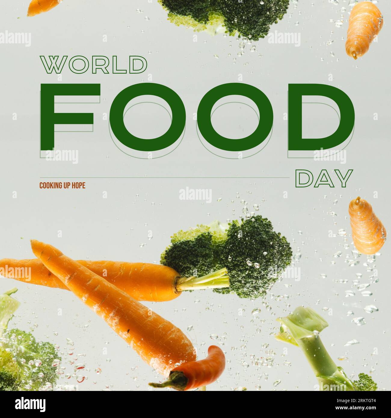 Composto da testo della giornata mondiale del cibo e carote, broccoli galleggianti in acqua su sfondo bianco Foto Stock