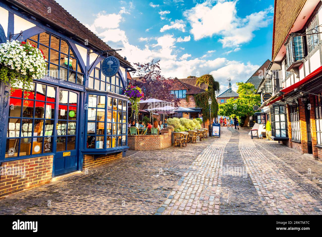 Negozi e ristoranti presso il cortile convertito del XVI secolo Lion and Lamb Yard, Farnham, Surrey, Inghilterra Foto Stock