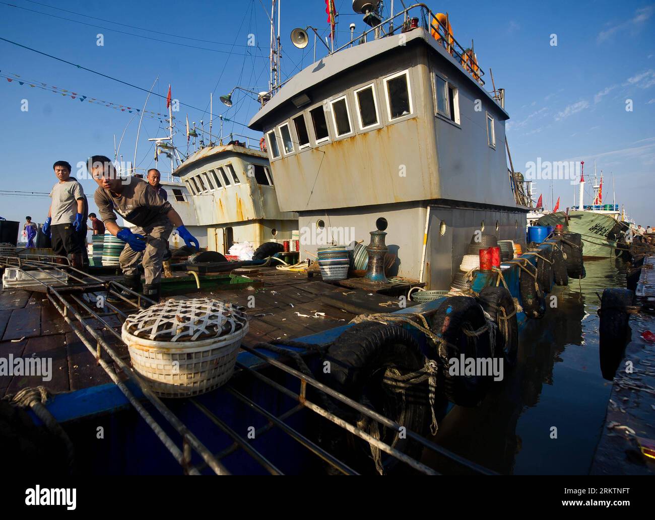 Bildnummer: 58520866 Datum: 27.09.2012 Copyright: imago/Xinhua (120927) -- ZHOUSHAN, 27 settembre 2012 (Xinhua) -- i pescatori tirano i granchi pescati a nuotare nel groud al molo di Shenjiamen a Zhoushan, provincia dello Zhejiang della Cina orientale, 27 settembre 2012. Dalla fine della moratoria di pesca per il Mar Cinese orientale, il 16 settembre, i pescatori hanno iniziato a praticare attività di pesca e i granchi da nuoto sono il loro principale raccolto. Circa 500 tonnellate di prodotti acquatici sono commercializzate ogni giorno. (Xinhua/Xu Yu) (wjq) CHINA-ZHEJIANG-ZHOUSHAN-NUOTO GRANCHI-RACCOLTO (CN) PUBLICATIONxNOTxINxCHN Wirtschaft Fischerei Fischfang Fisch Fang Foto Stock