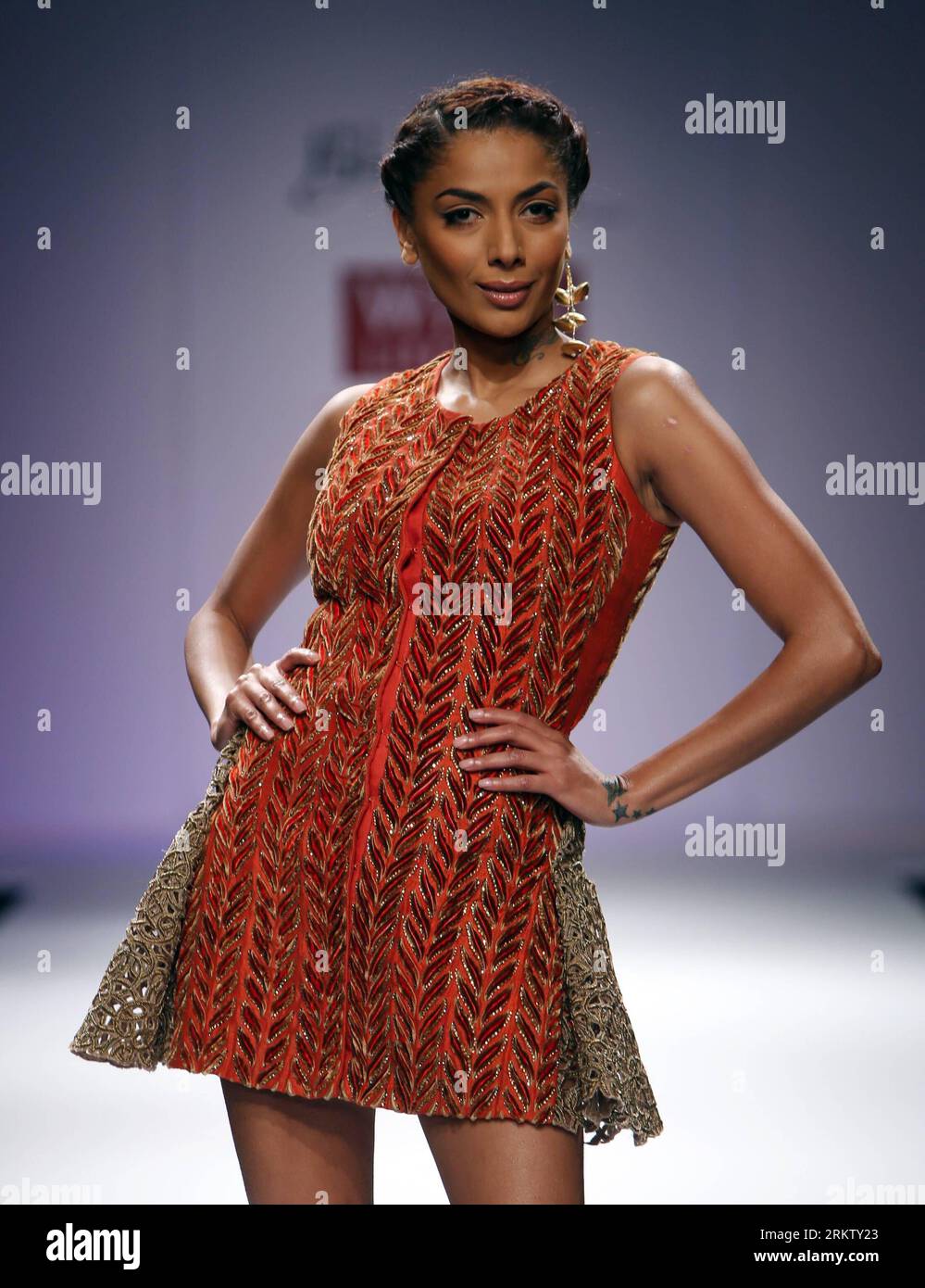 Bildnummer: 58567222  Datum: 08.10.2012  Copyright: imago/Xinhua A model presents a creation by fashion designer Jyoti Sharma on the 3rd day of the Wills Lifestyle India Fashion Week in New Delhi, India, Oct. 8, 2012. (Xinhua/Partha Sarkar)(zyw) INDIA-NEW DELHI-FASHION WEEK PUBLICATIONxNOTxINxCHN Entertainment Kultur Mode Modenschau Modewoche Damenmode xjh x0x premiumd 2012 hoch     58567222 Date 08 10 2012 Copyright Imago XINHUA a Model Presents a Creation by Fashion Designers Jyoti Sharma ON The 3rd Day of The Wills Lifestyle India Fashion Week in New Delhi India OCT 8 2012 XINHUA Partha Sar Foto Stock