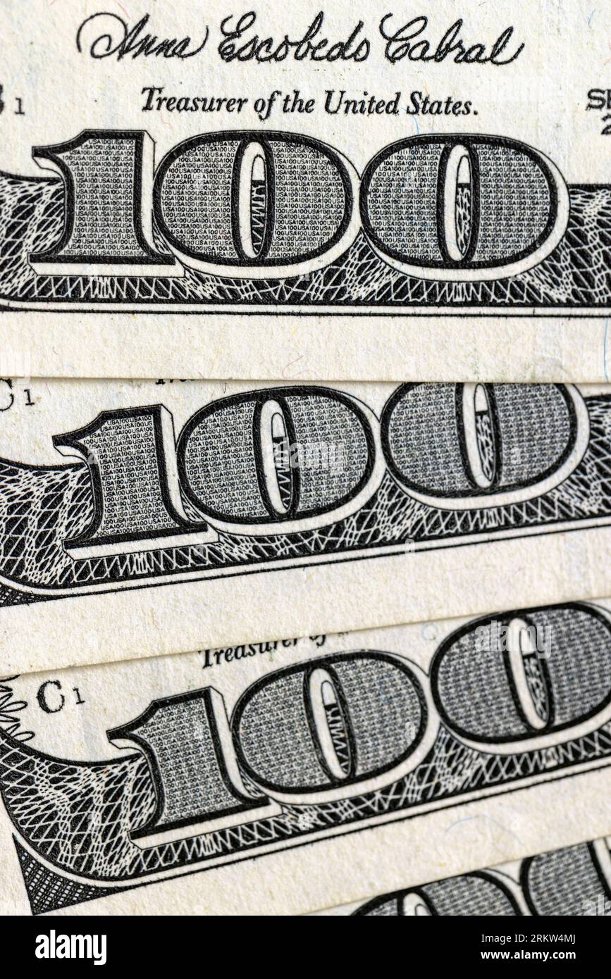 Primo piano di un gruppo di cento dollari americani, dettagli di 100 dollari americani in contanti Foto Stock