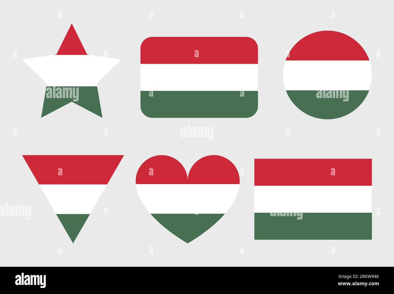 Icone vettoriali per bandiere ungheresi insieme di illustrazioni a forma di cuore, stella, cerchio e mappa. Illustrazione Vettoriale