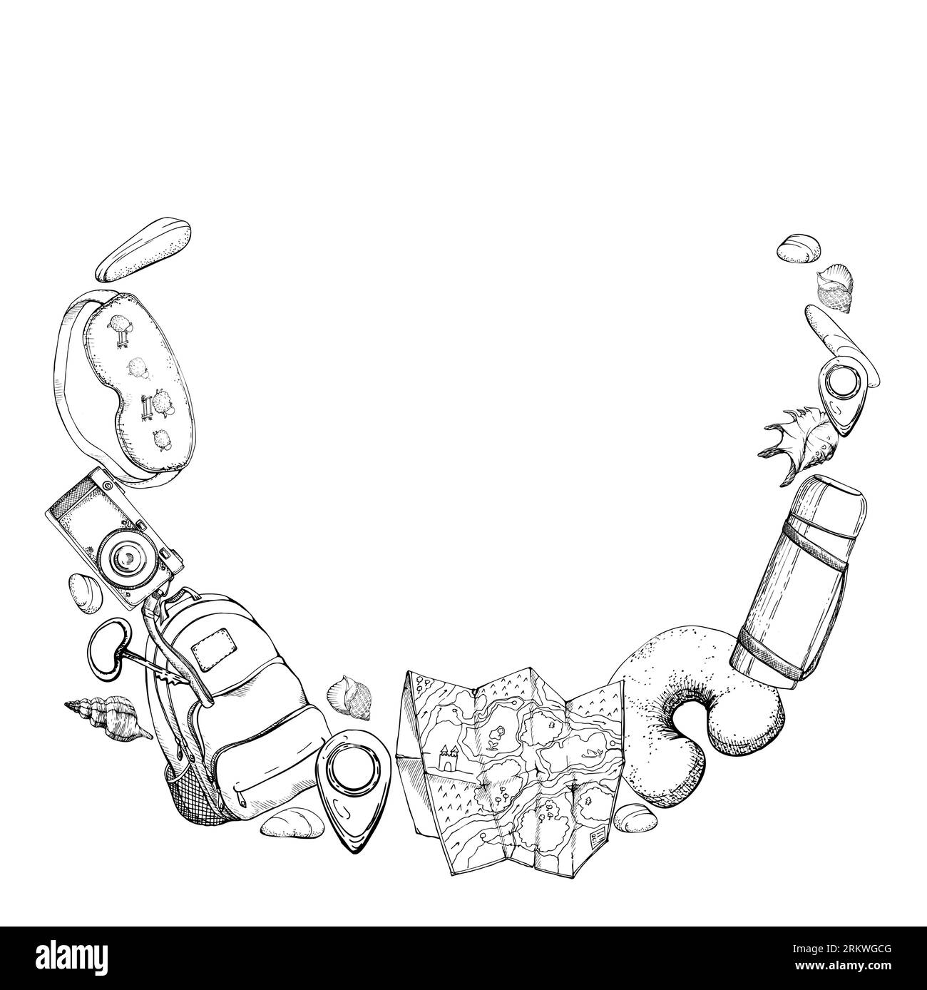 Schizzo grafico vettoriale disegnato a mano con inchiostro. Telaio della corona tonda. Accessori turistici, borsa sottovuoto zaino, cuscino maschera da letto, souvenir. Turismo, viaggi Illustrazione Vettoriale