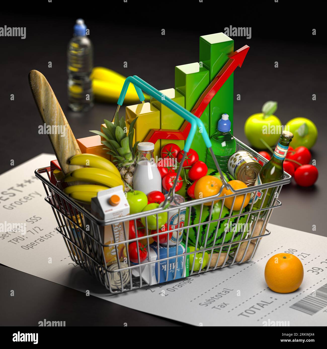 Cestino della spesa con cibi alla ricevuta. Budget spese alimentari, inflazione e concetto di consumismo. illustrazione 3d. Foto Stock