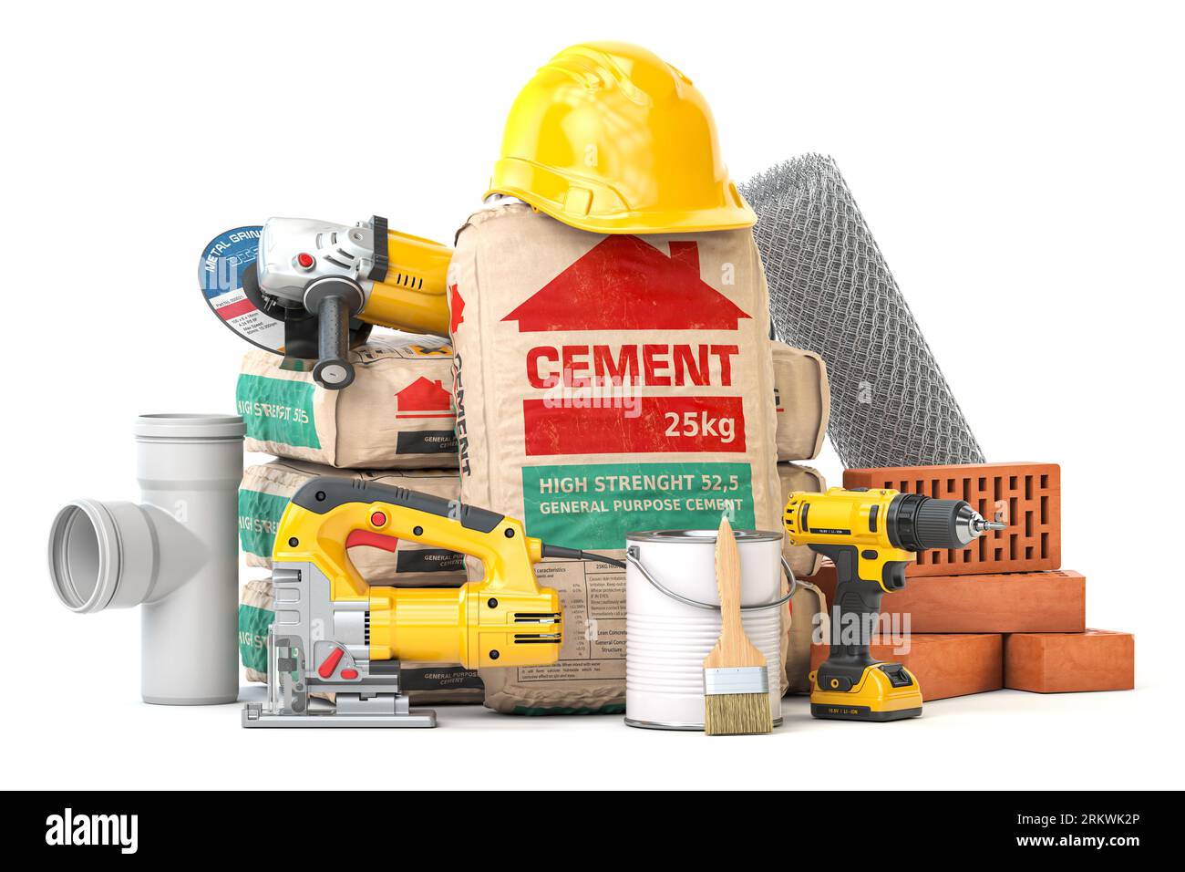 Materiali e utensili da costruzione isolati su sfondo bianco. illustrazione 3d Foto Stock