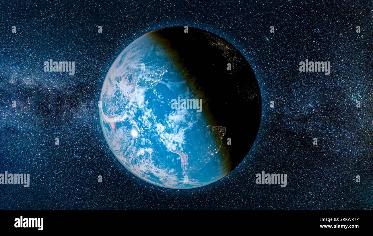 Pianeta Terra nel cielo stellato. Sfera del pianeta Terra nello spazio. Luci di città sul pianeta. La vita delle persone. Elemento del sistema solare. Elementi di questo io Foto Stock