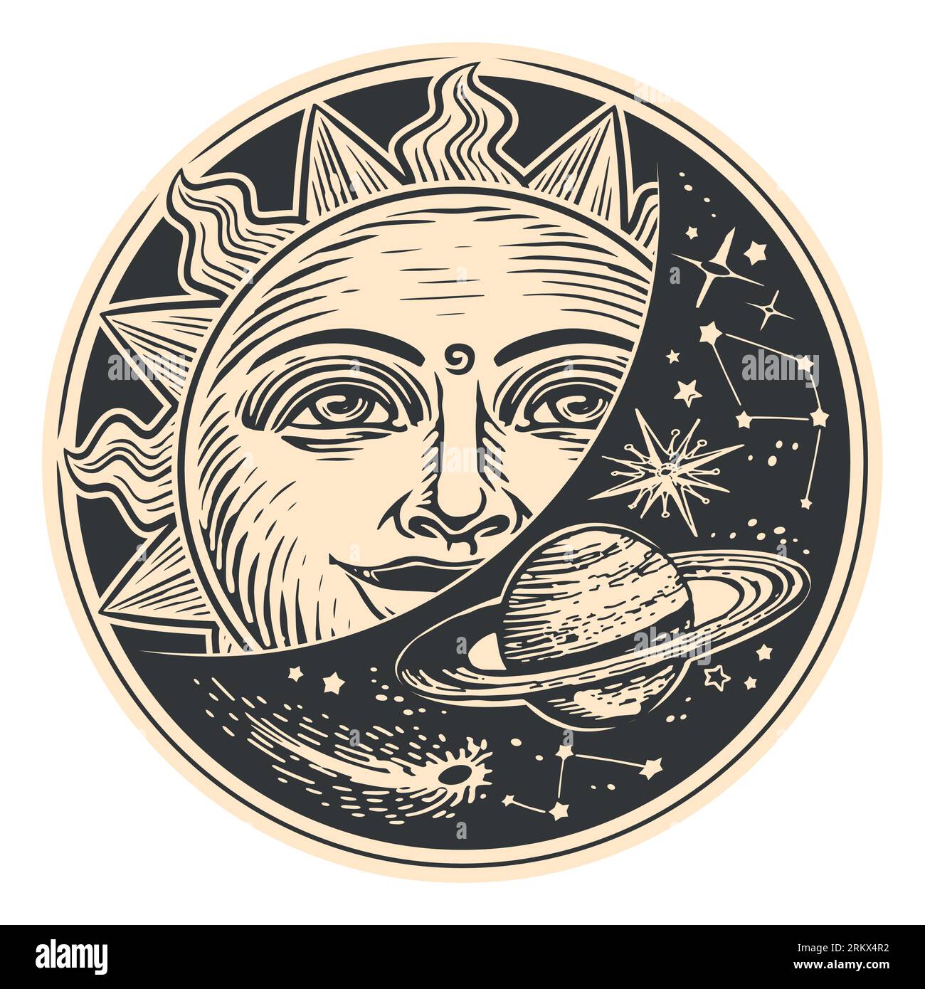 Sole, stelle e pianeti. Esplorazione spaziale, concetto di astronomia. Stile d'incisione Vector Illustration vintage Illustrazione Vettoriale