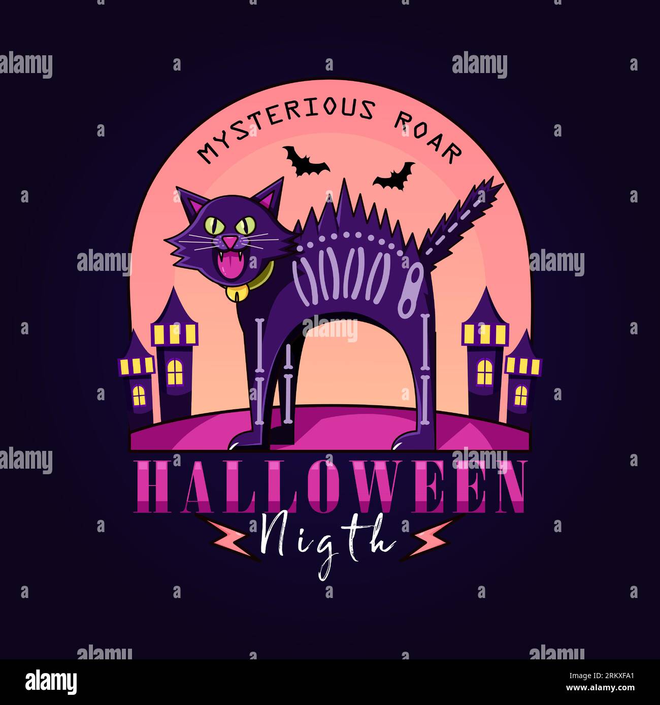 Notte di Halloween, illustrazione di un gatto nero ruggente. Perfetto per loghi, mascotte, t-shirt, adesivi e poster Illustrazione Vettoriale