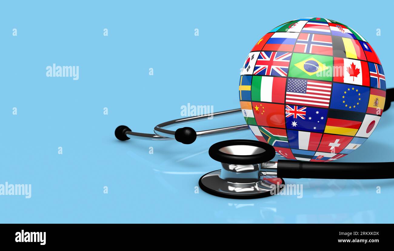 Concetto di salute mondiale e assistenza sanitaria globale con stetoscopio medico e un globo con bandiere internazionali su sfondo blu illustrazione 3D con COP Foto Stock