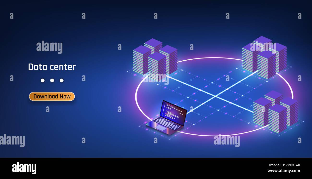 Datacenter server room cloud storage technology and big data processing Data center or server room with servers of information cloud storage. Dark dat Illustrazione Vettoriale