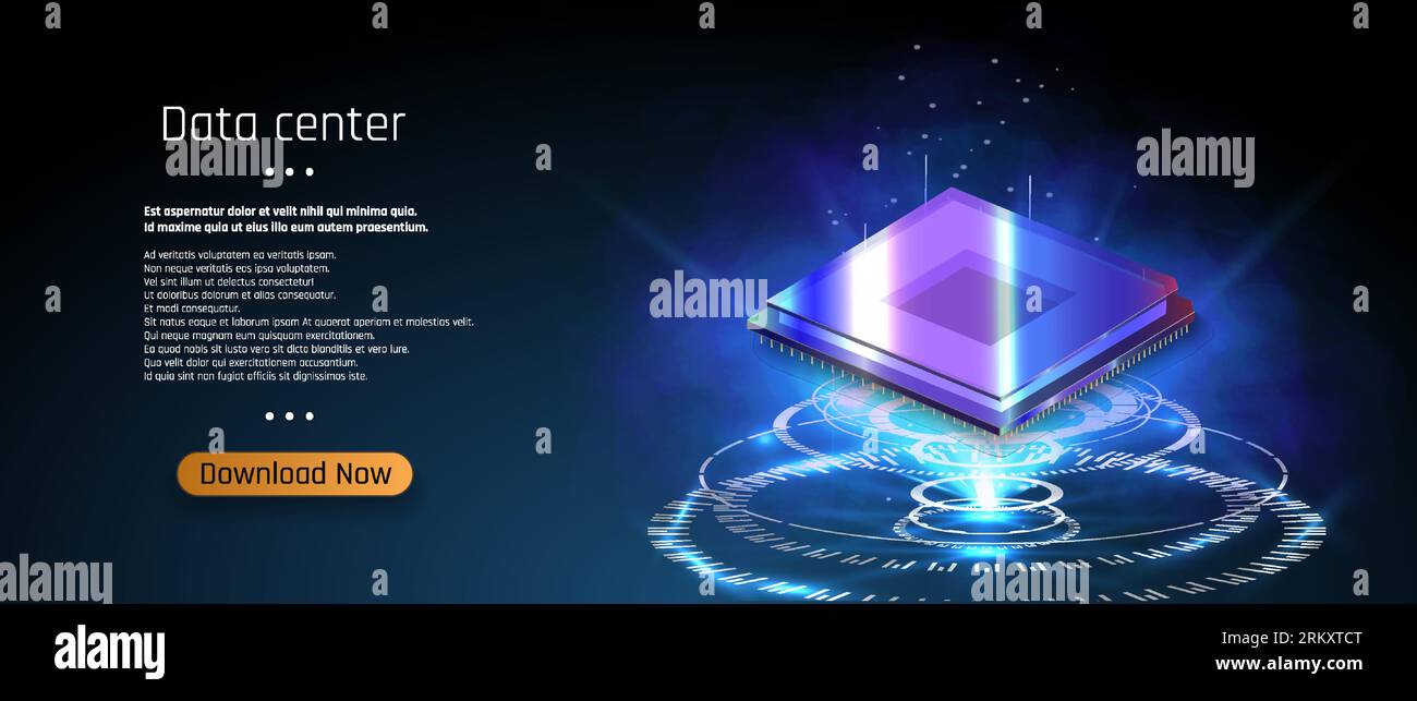 Processore microchip futuristico con luci su sfondo blu. Computer quantistico, processore per computer con chip digitale e componenti elettronici Illustrazione Vettoriale