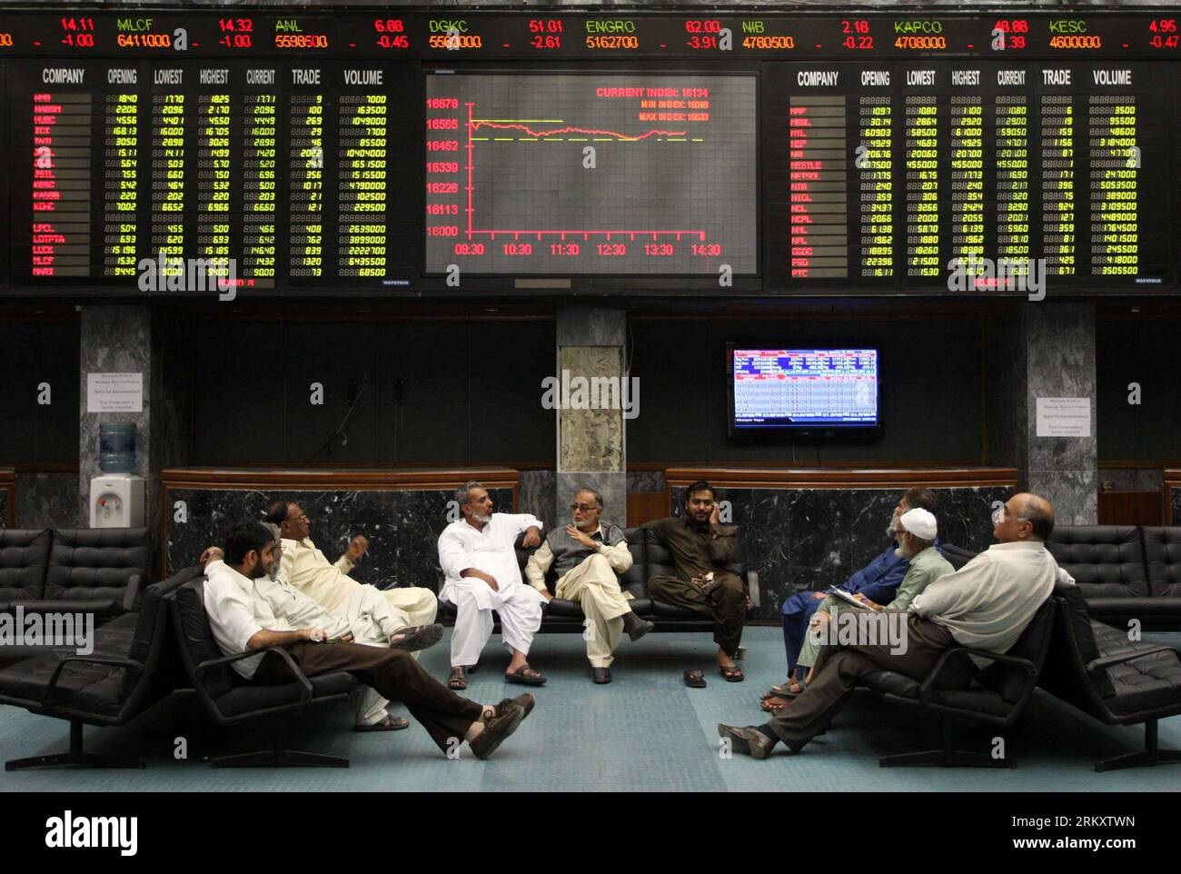Bildnummer: 59085543 Datum: 15.01.2013 Copyright: imago/Xinhua KARACHI, 15  gennaio 2013 - gli agenti di borsa pakistani chiacchierano mentre si  siedono sotto uno schermo digitale che mostra i prezzi delle azioni durante  una