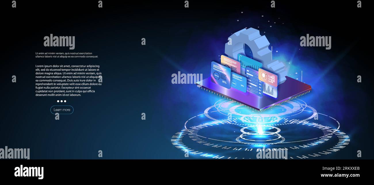 processore microchip con luci su sfondo blu. Computer quantistico, elaborazione dati di grandi dimensioni, concetto di database. Banner isometrico CPU. Compu. Centrale Illustrazione Vettoriale