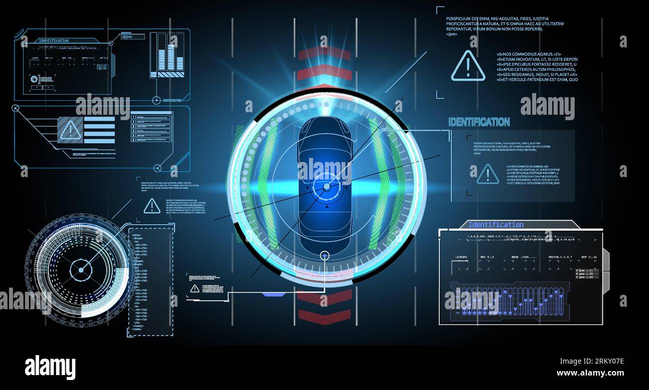 Auto intelligenti che guidano su strada, veicoli senza conducente, vista dall'alto. ADAS, IL SUO sistema. Smart Car (HUD) Vista dall'alto dell'auto con interfaccia digitale elettronica, param Illustrazione Vettoriale