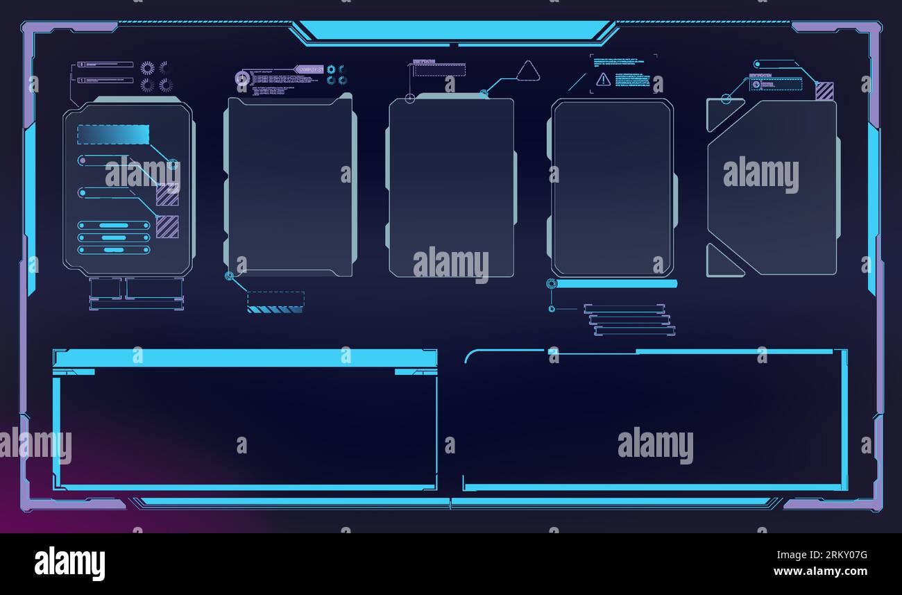 Futuristic interface ui elements. Holographic hud user interface elements, high tech bars and frames. HUD, UI, GUI futuristic user interface screen el Illustrazione Vettoriale
