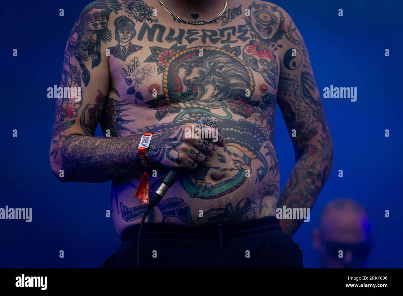 Parigi, Francia. 25 agosto 2023. Sebastian Murphy dei Viagra Boys si esibisce sul palco durante il concerto dal vivo. Il secondo giorno della 20a edizione del festival musicale francese Rock en Seine è stato presentato dal placebo britannico, al Domaine National de Saint-Cloud. Credito: SOPA Images Limited/Alamy Live News Foto Stock